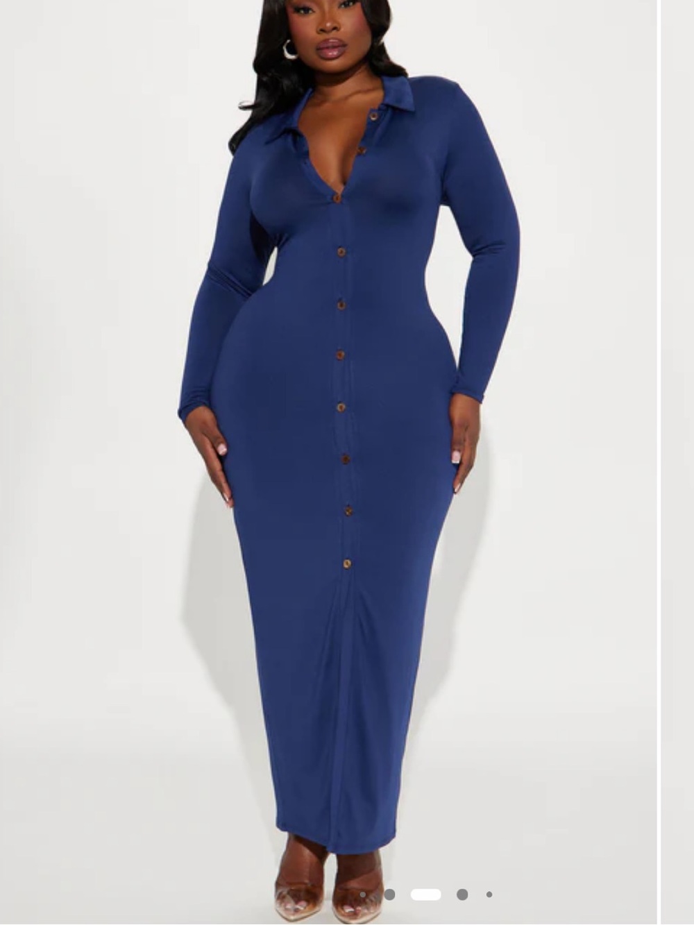 Fashion Nova Slim-Fit Long Sleeve Button Maxi Dress in Navy
